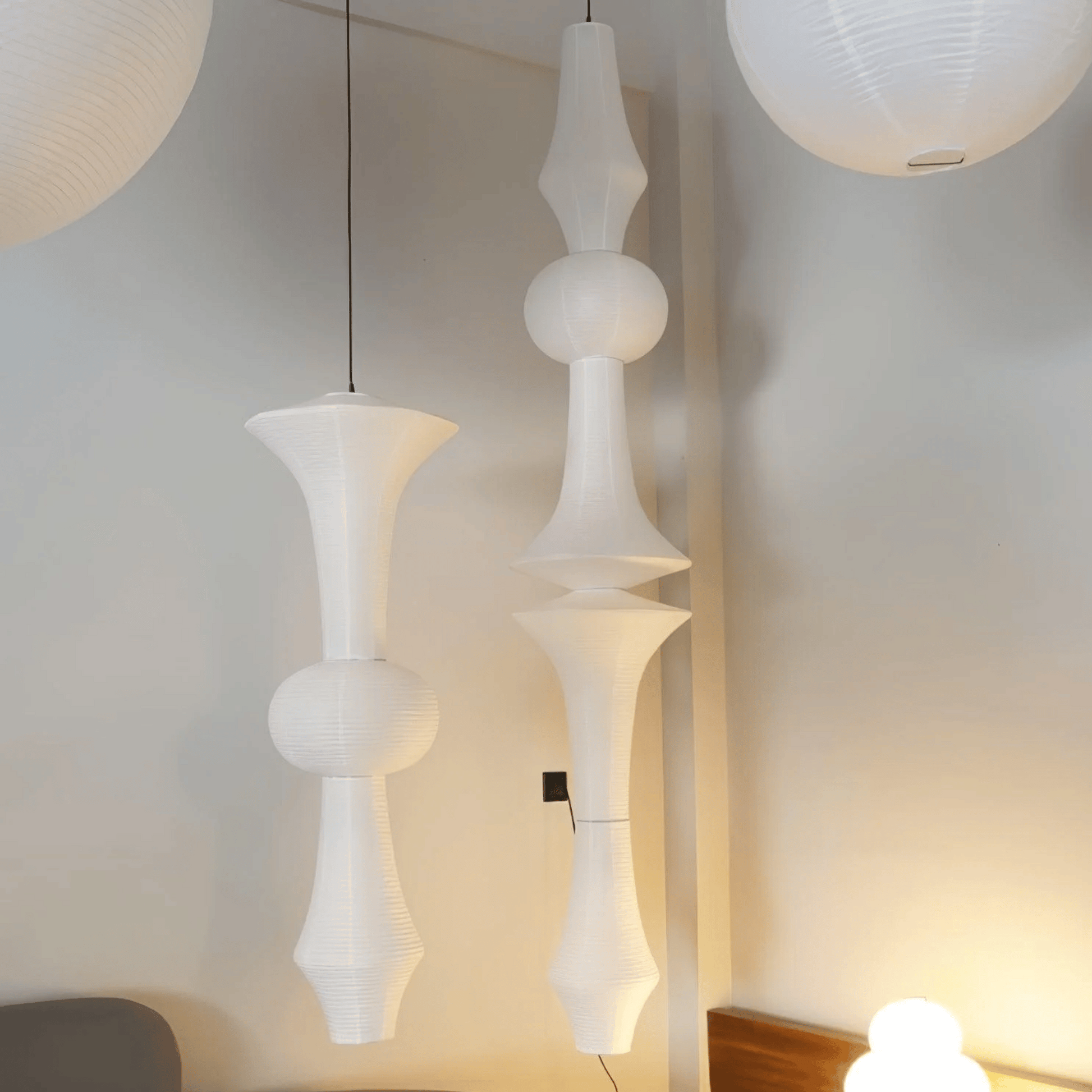 Wabi Sabi Zenlite Akari light pendants with lamp on