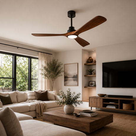 Modern living room with a ceiling fan, sectional sofa, coffee table, and TV.