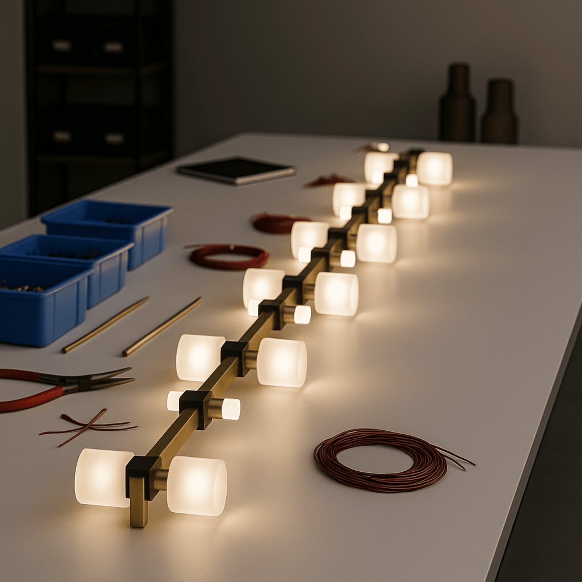 Decorative light fixture on a table with tools and materials