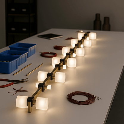 Decorative light fixture on a table with tools and materials