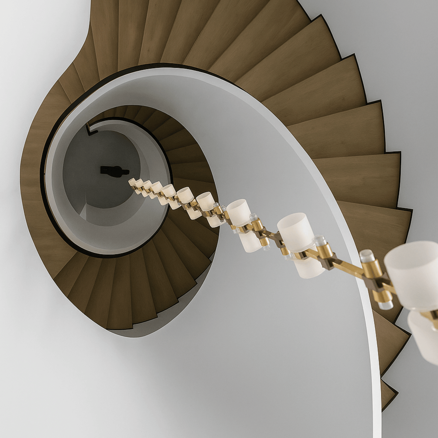 Spiral staircase with a chandelier in a modern interior setting