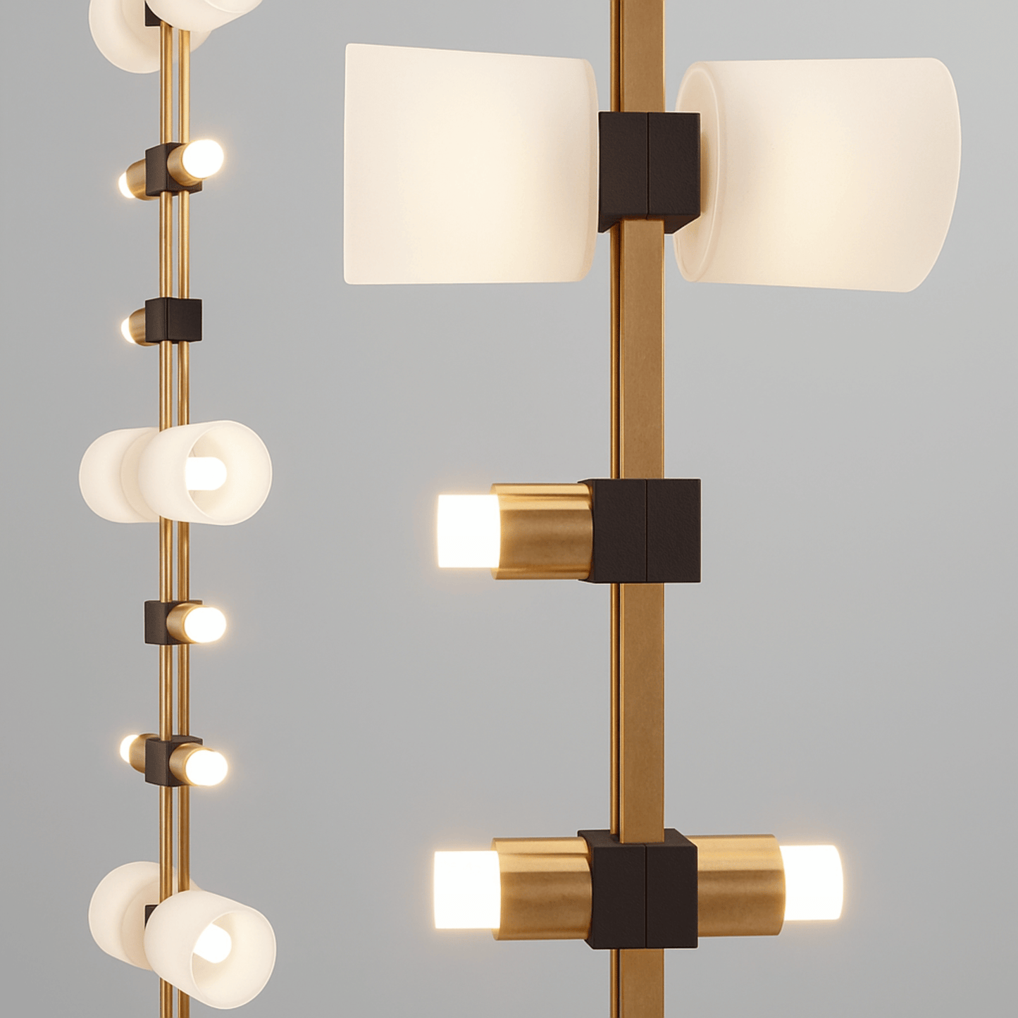 Modern ceiling light fixture with gold and black accents on a gray background