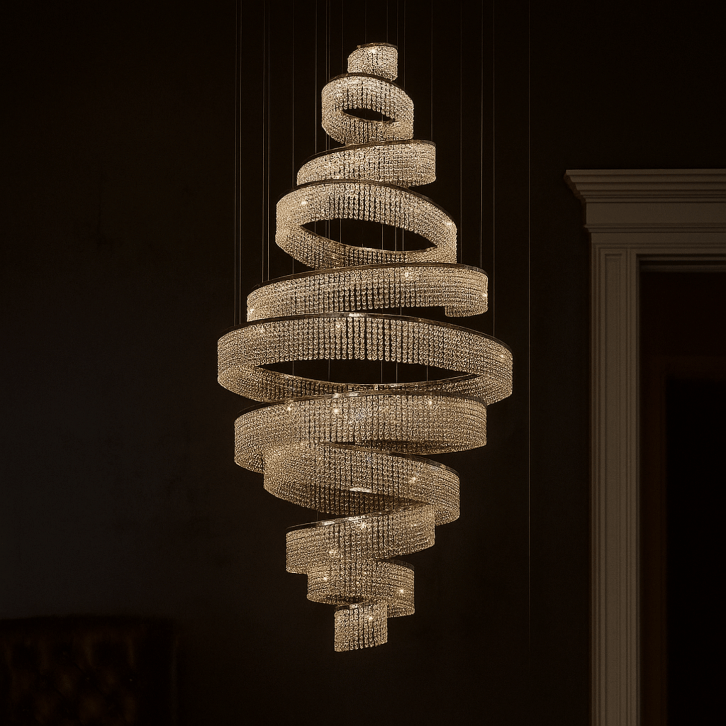Chandelier with spiral design hanging against a dark background