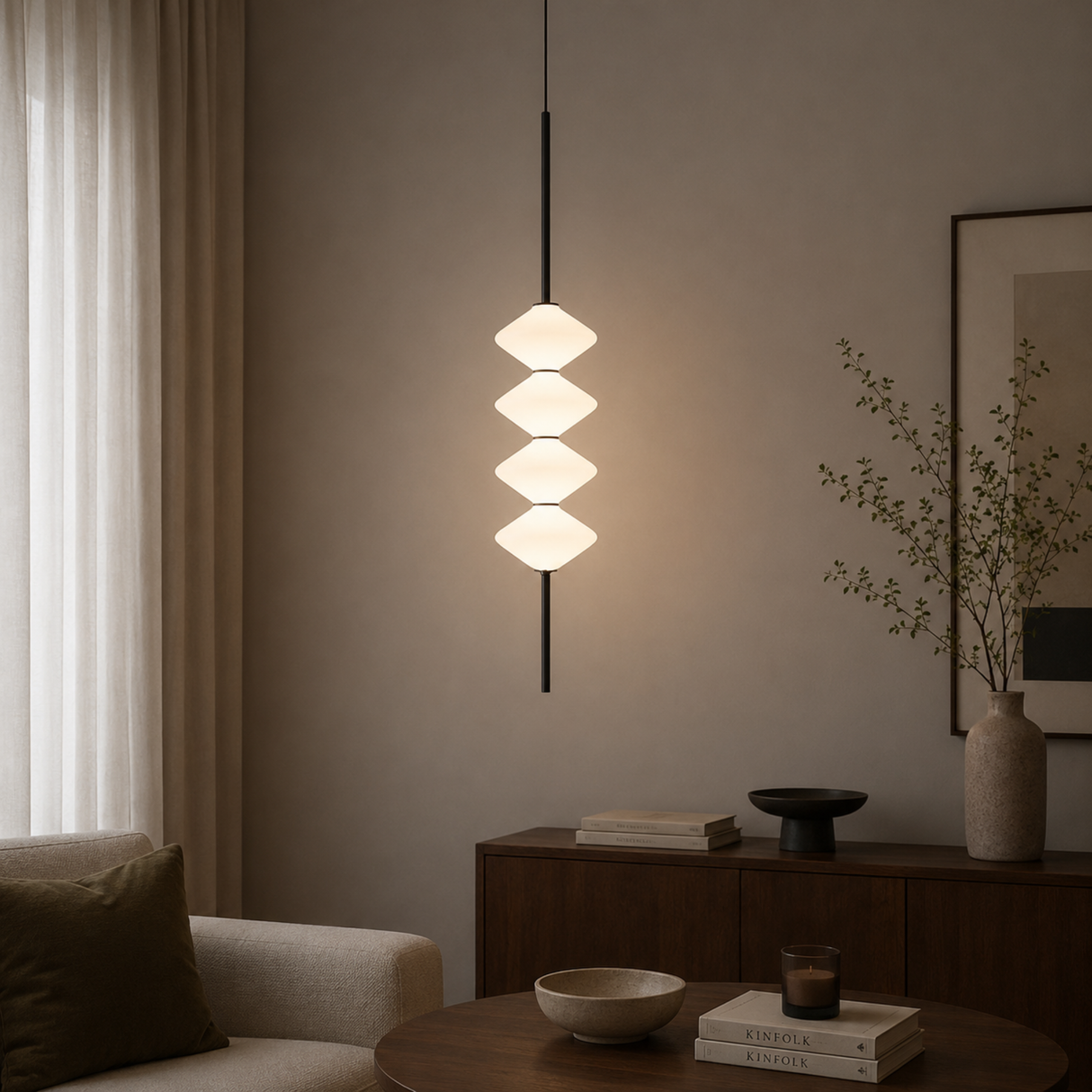 Modern pendant light fixture in a living room setting with a neutral color palette.
