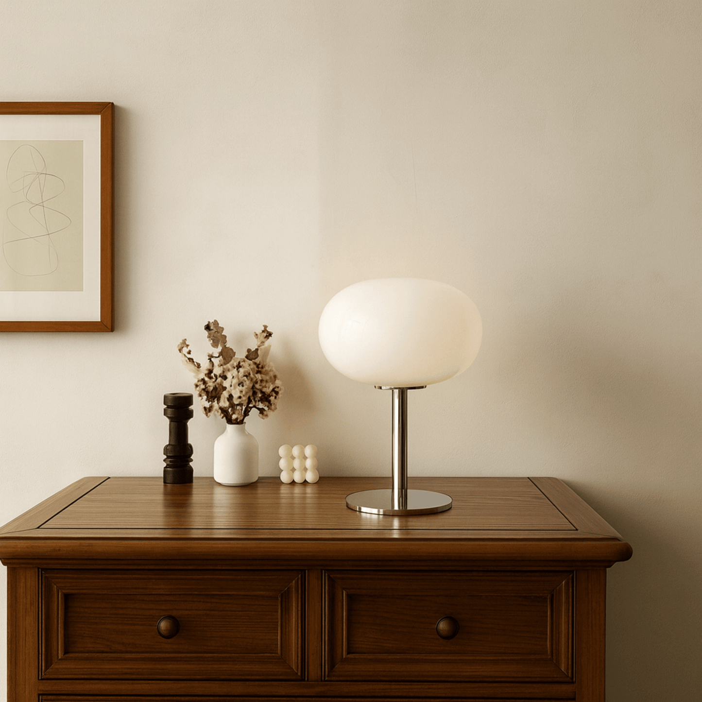 Table lamp on a wooden side table with decorative items against a beige wall.
