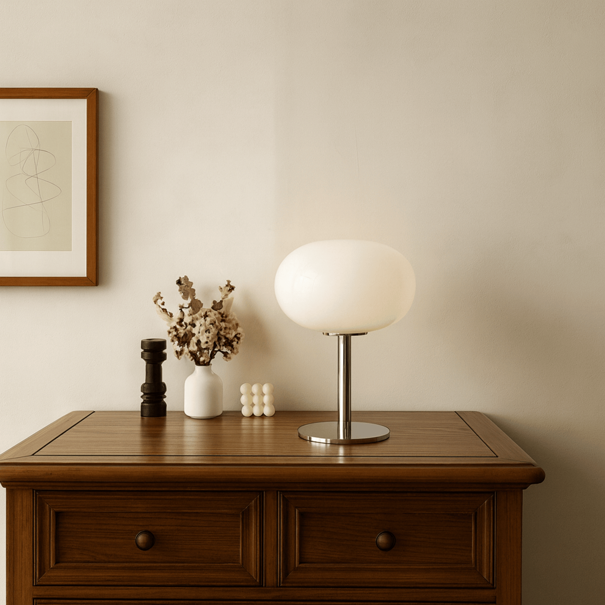 Table lamp on a wooden side table with decorative items against a beige wall.