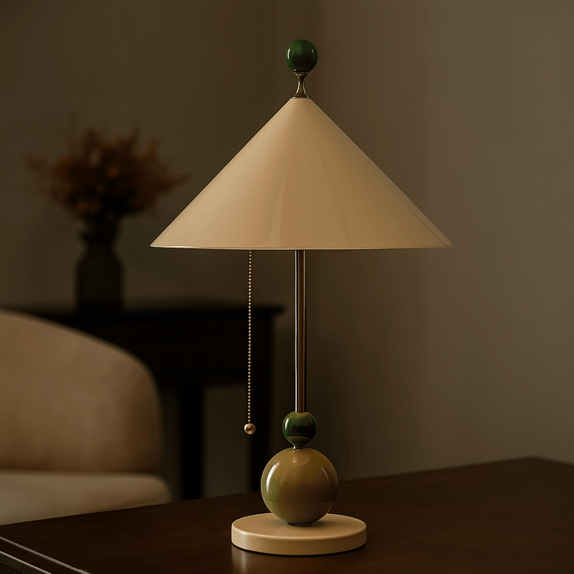 Table lamp with a beige shade and green accents on a wooden surface.