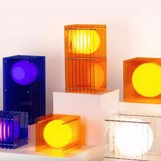 Colorful transparent boxes with round lights on a white background