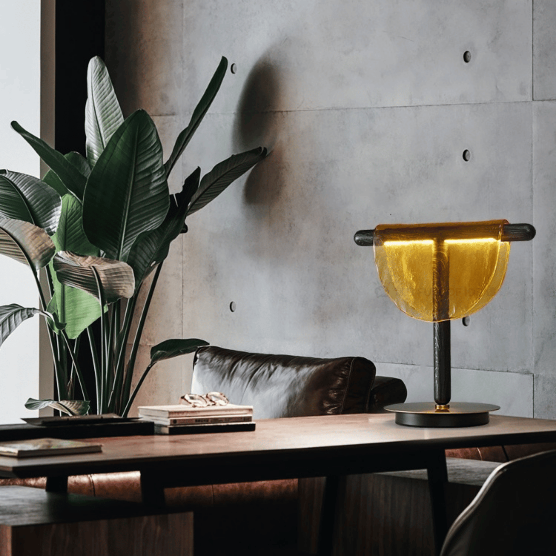 Modern interior with a table lamp, plant, and books against a concrete wall.