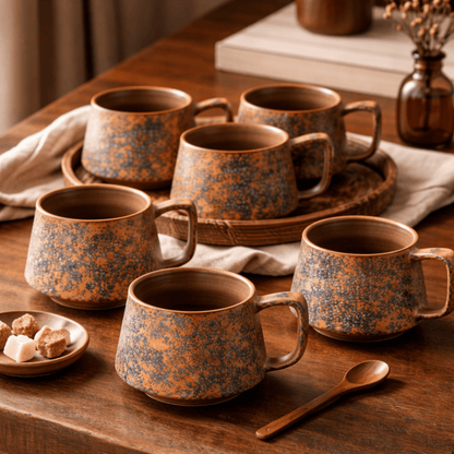 Set of brown ceramic mugs on a wooden table with a rustic feel.