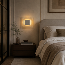 Cozy bedroom with a bed, nightstand, and wall sconce.