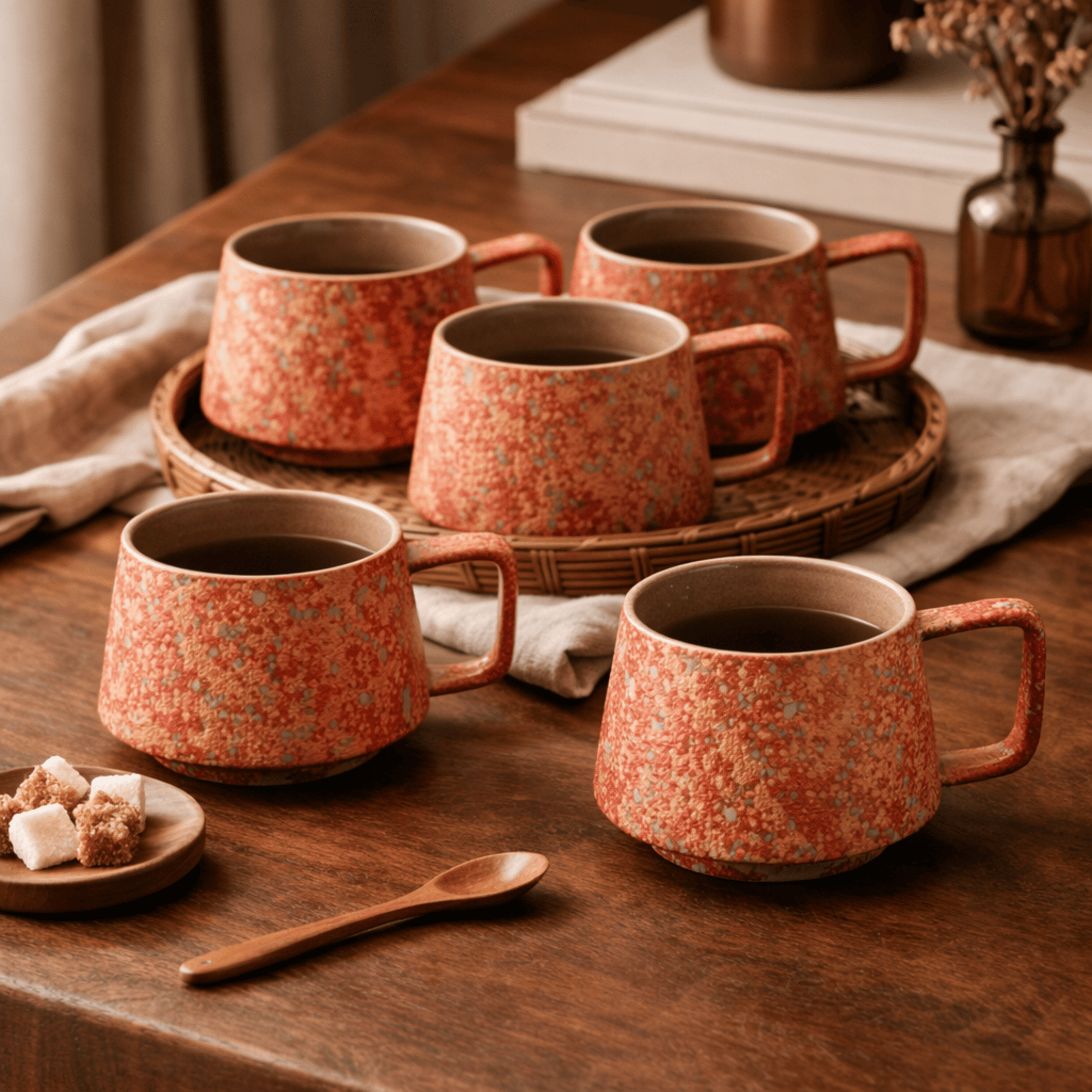 Set of ceramic mugs with floral pattern on a wooden table