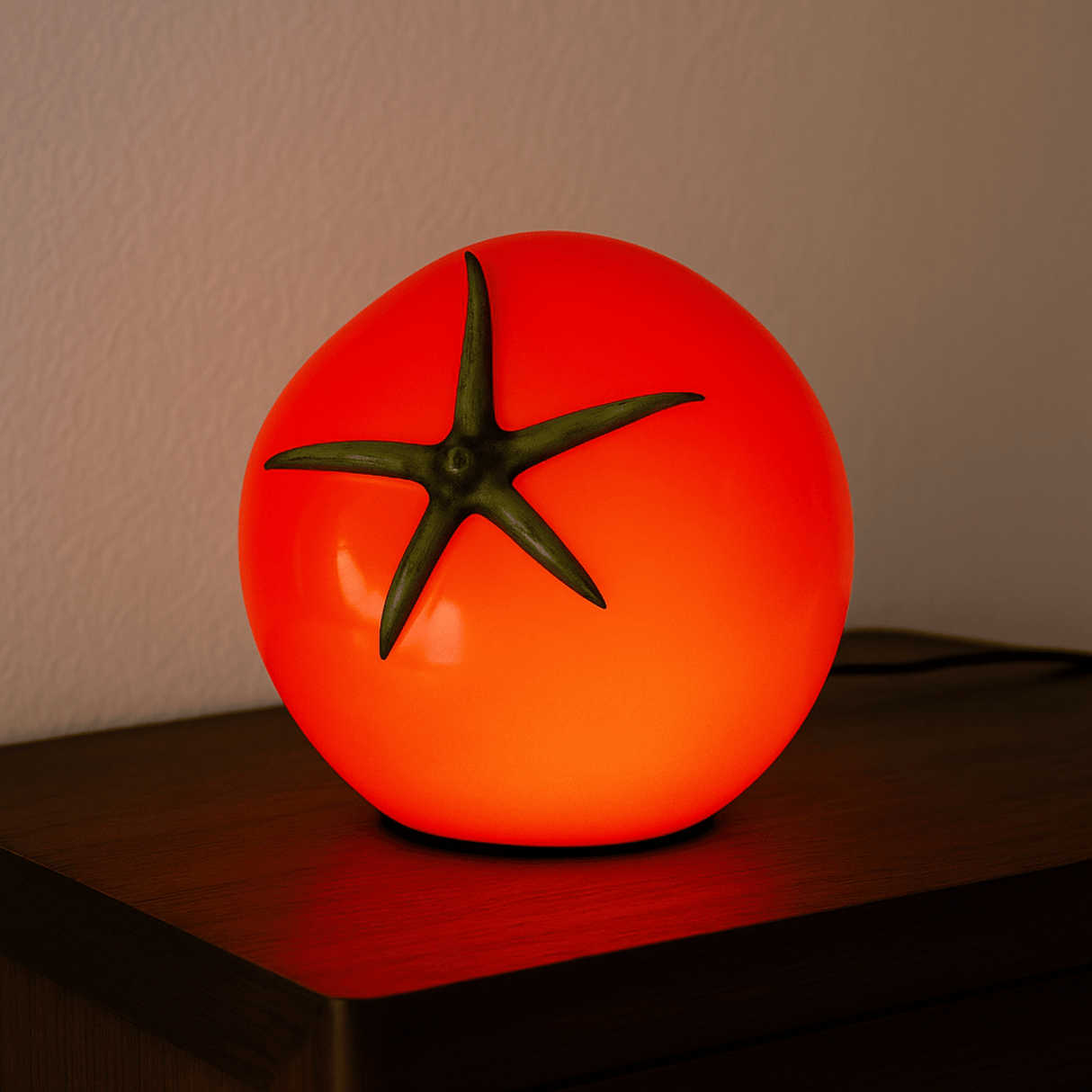 Red tomato with green stem on a dark surface against a beige background