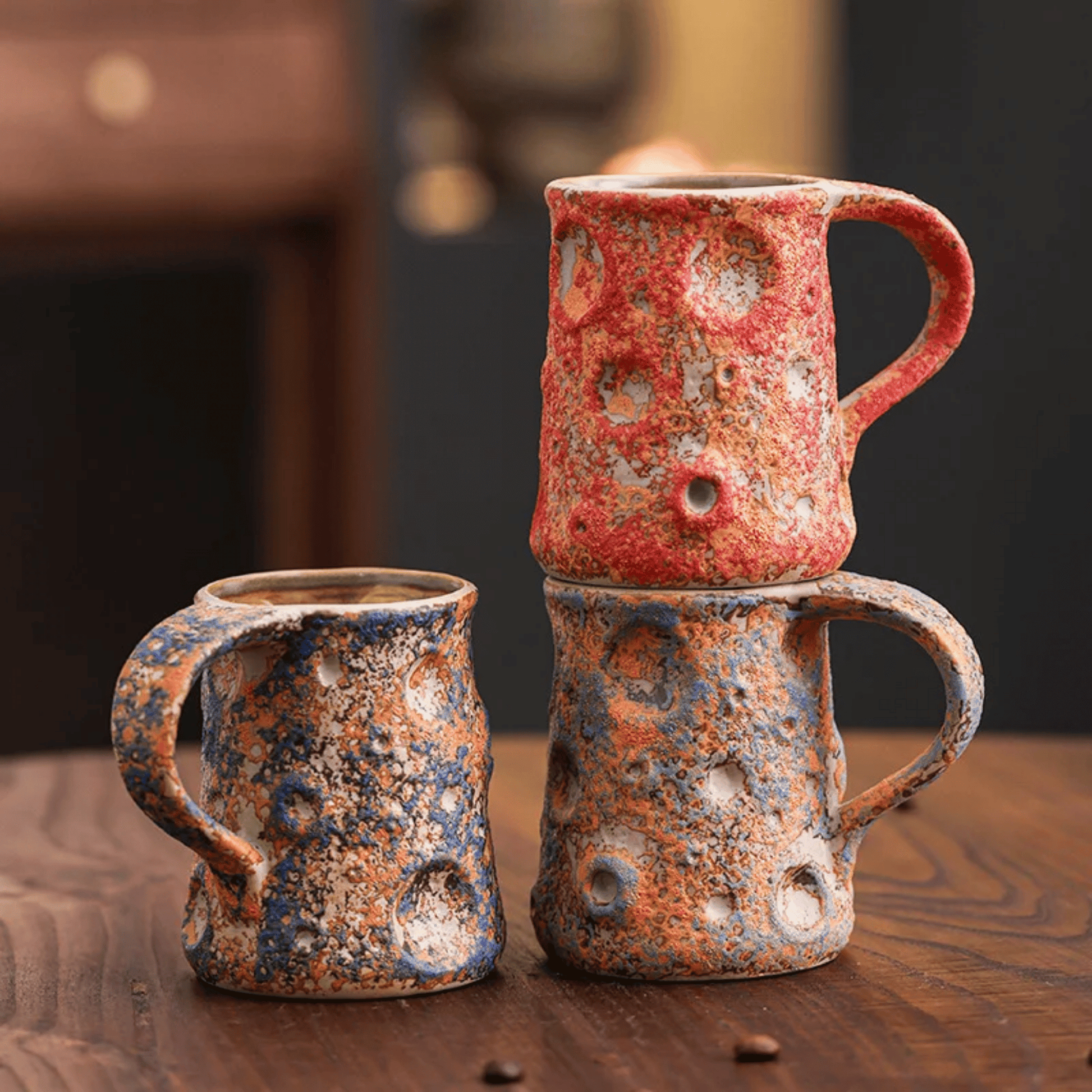 Three ceramic mugs with textured, multicolored glaze on a wooden surface.