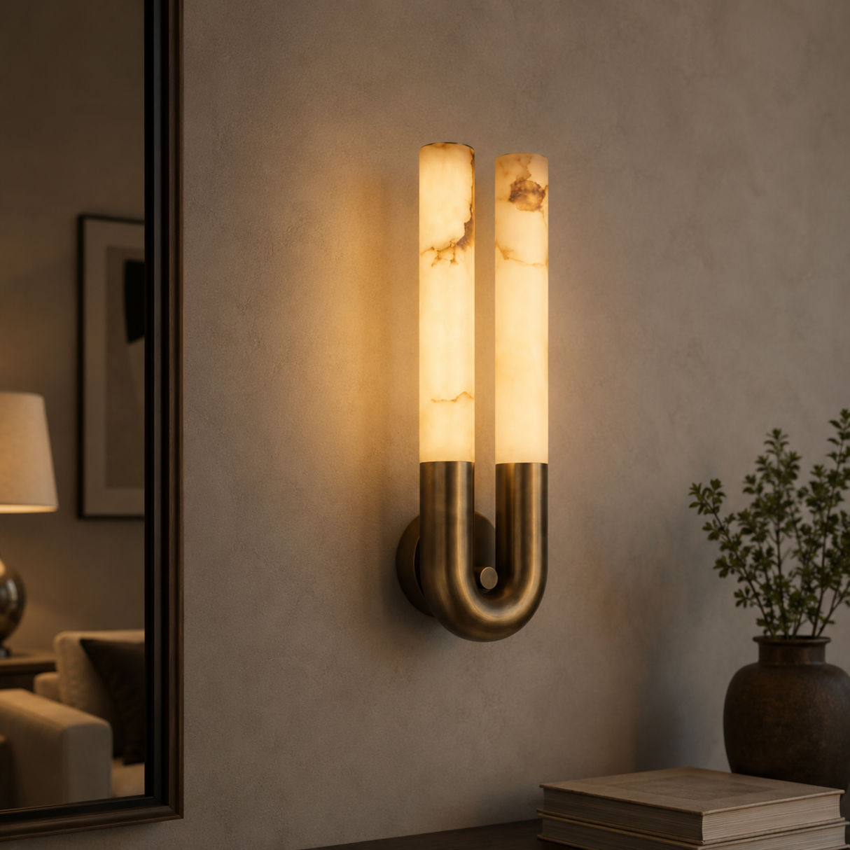 Wall-mounted lamp with marble-like texture on a neutral wall.