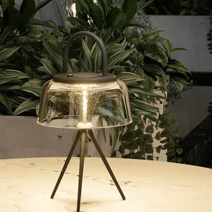Outdoor lamp with a clear glass shade and metal base on a table with plants in the background