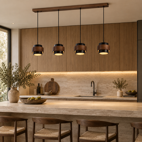 Four modern pendant lights with dark wood and black metal shades hang over a stone-topped kitchen island in a warm, contemporary kitchen setting.