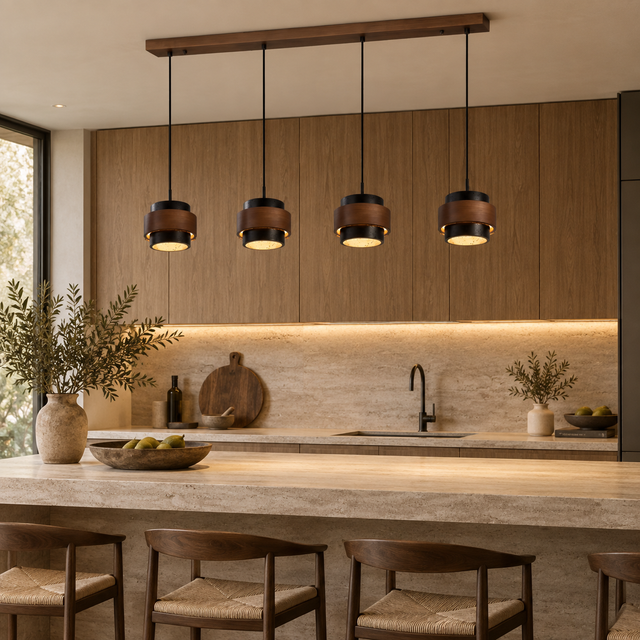 Four modern pendant lights with dark wood and black metal shades hang over a stone-topped kitchen island in a warm, contemporary kitchen setting.
