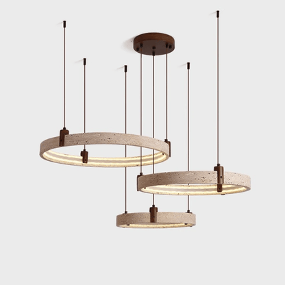 Three circular pendant lights with wooden accents on a white background