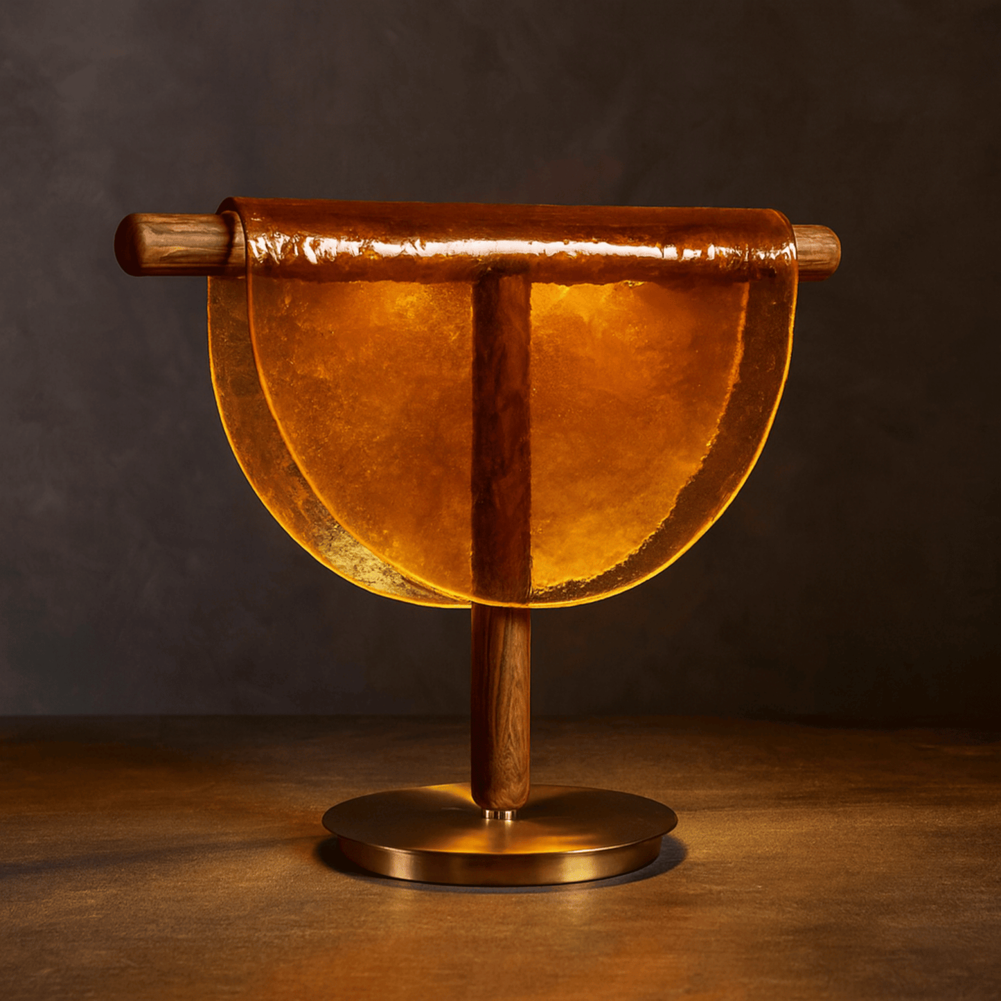 Decorative object with wooden handle and base on a dark background