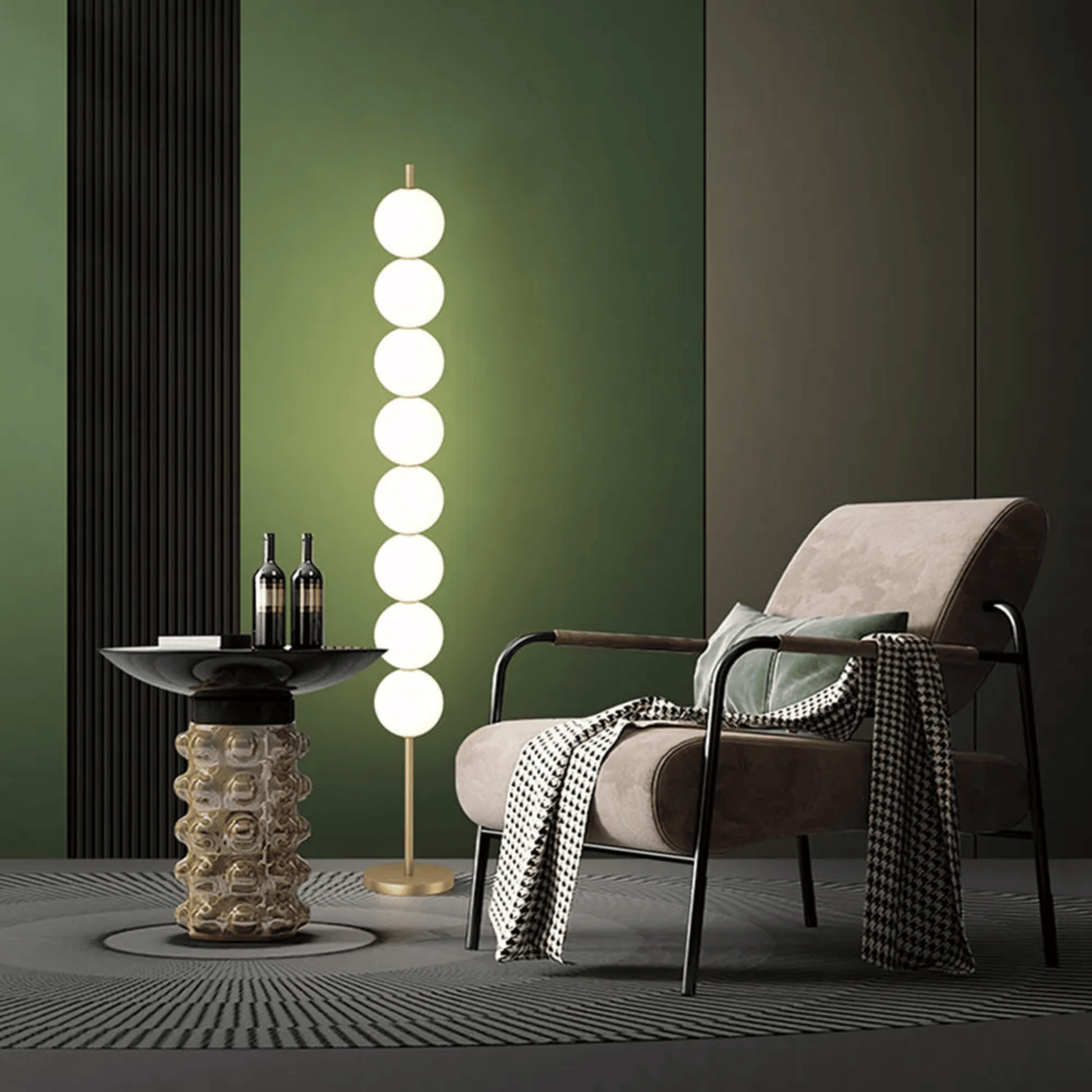 Modern interior with a chair, table, and floor lamp against a green wall.
