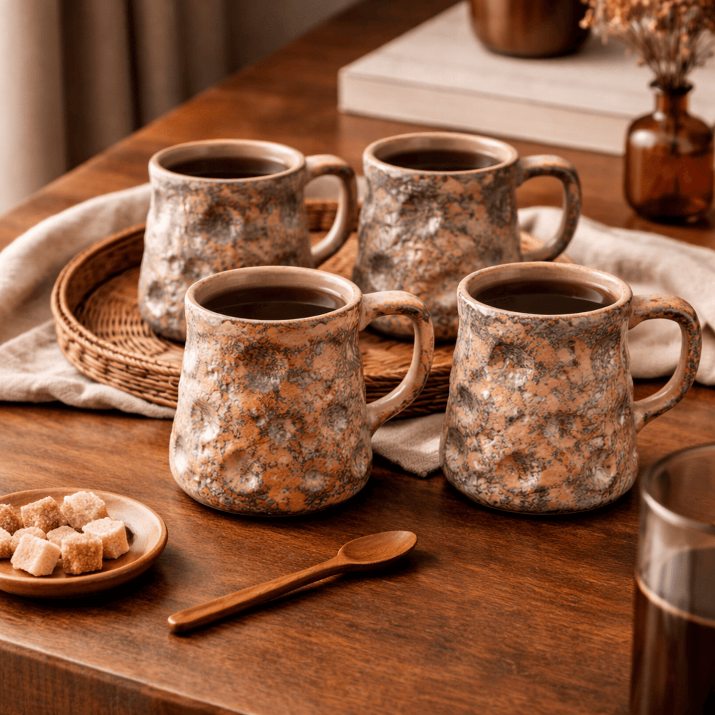 Four rustic ceramic mugs on a wooden table with a plate of cookies and a glass.
