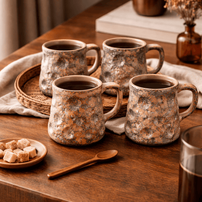 Four rustic ceramic mugs on a wooden table with a plate of cookies and a glass.