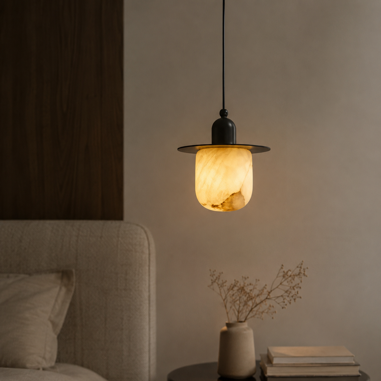 Decorative pendant light hanging in a room with a sofa and books.