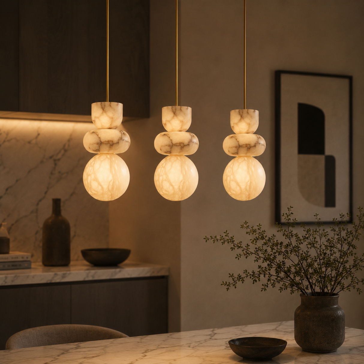 Three pendant lights hanging above a dining table with a warm ambiance.