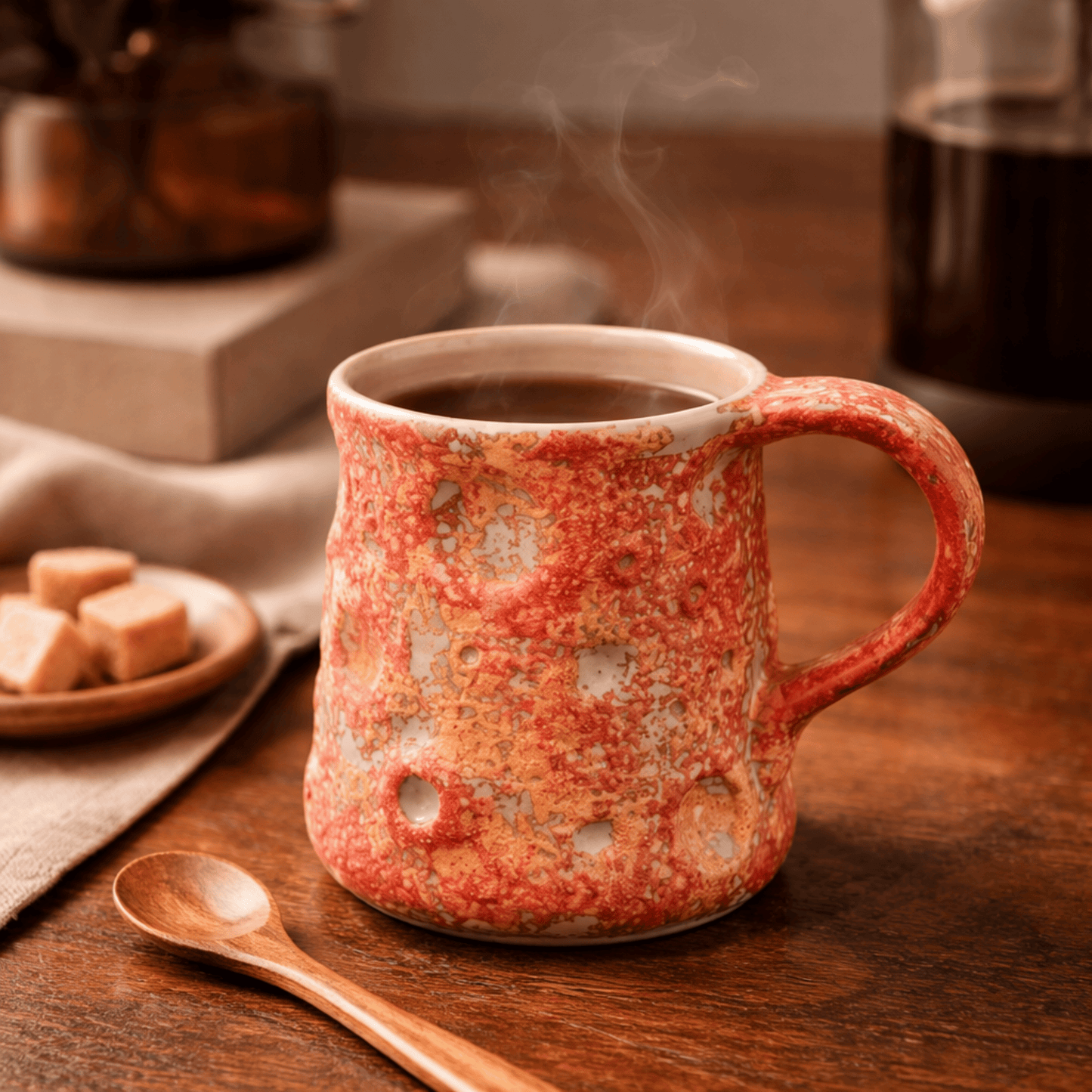 Red speckled mug with steaming coffee on a wooden table, surrounded by a plate of cookies and a spoon.