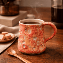 Red speckled mug with steaming coffee on a wooden table, surrounded by a plate of cookies and a spoon.