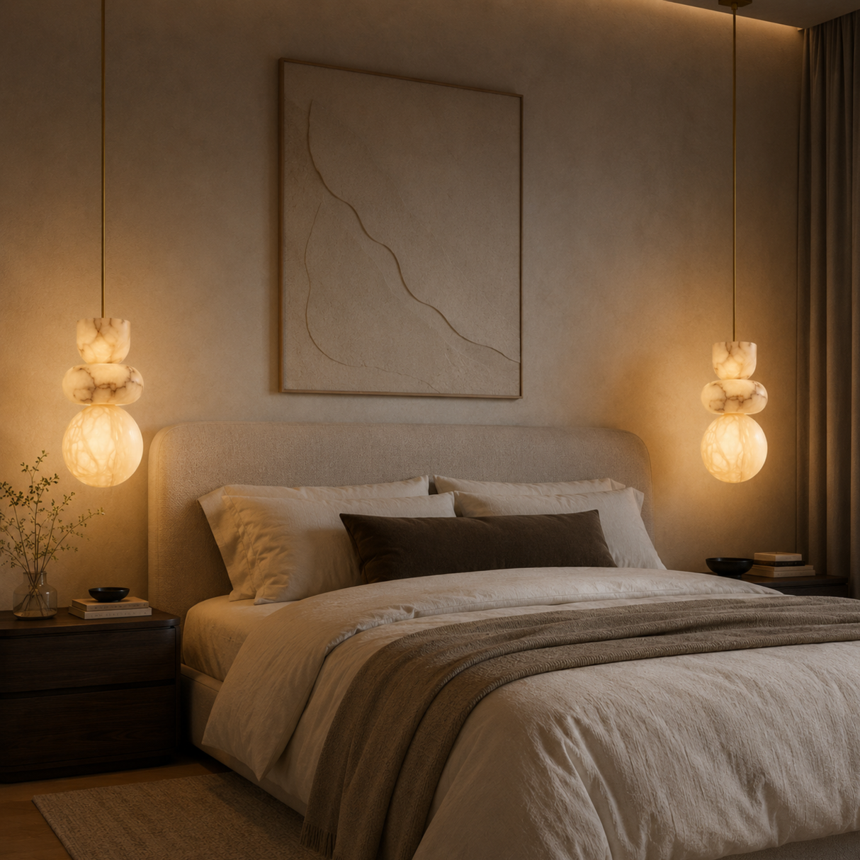 Cozy bedroom with a bed, bedside tables, and wall art.