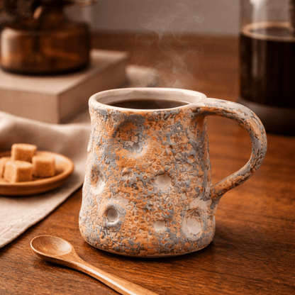 Steaming mug of coffee on a wooden table with a plate of sugar cubes and a wooden spoon.
