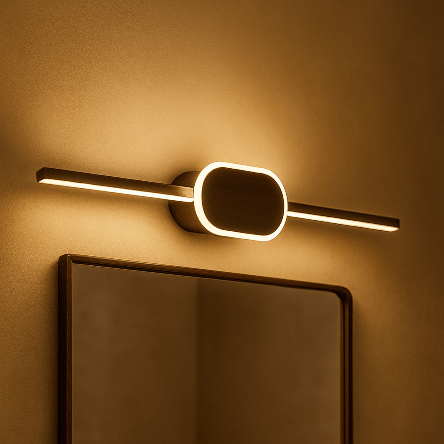 Modern wall light fixture on a beige wall with a mirror below.