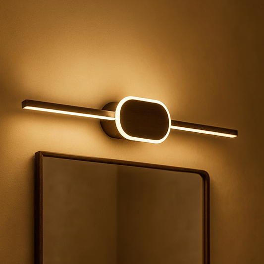 Modern wall light fixture on a beige wall with a mirror below.