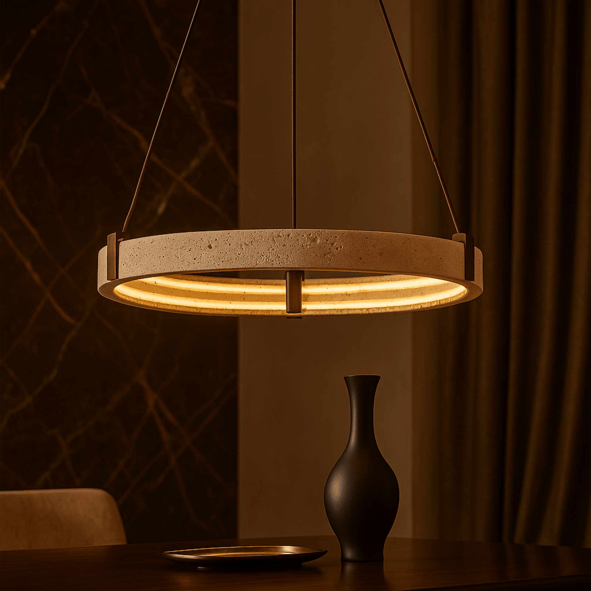 Modern pendant light hanging above a table with a vase and plate in a warm-toned room.