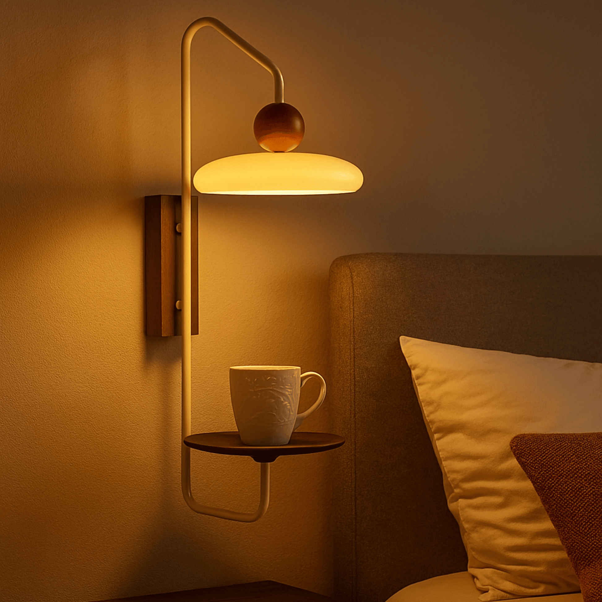 Wall-mounted lamp with a cup on a shelf in a cozy room.