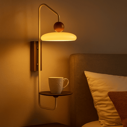 Wall-mounted lamp with a cup on a shelf in a cozy room.