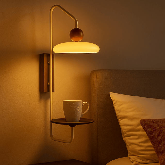 Wall-mounted lamp with a cup on a shelf in a cozy room.
