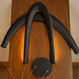 Modern wall-mounted light fixture with black curved design on a wooden panel.