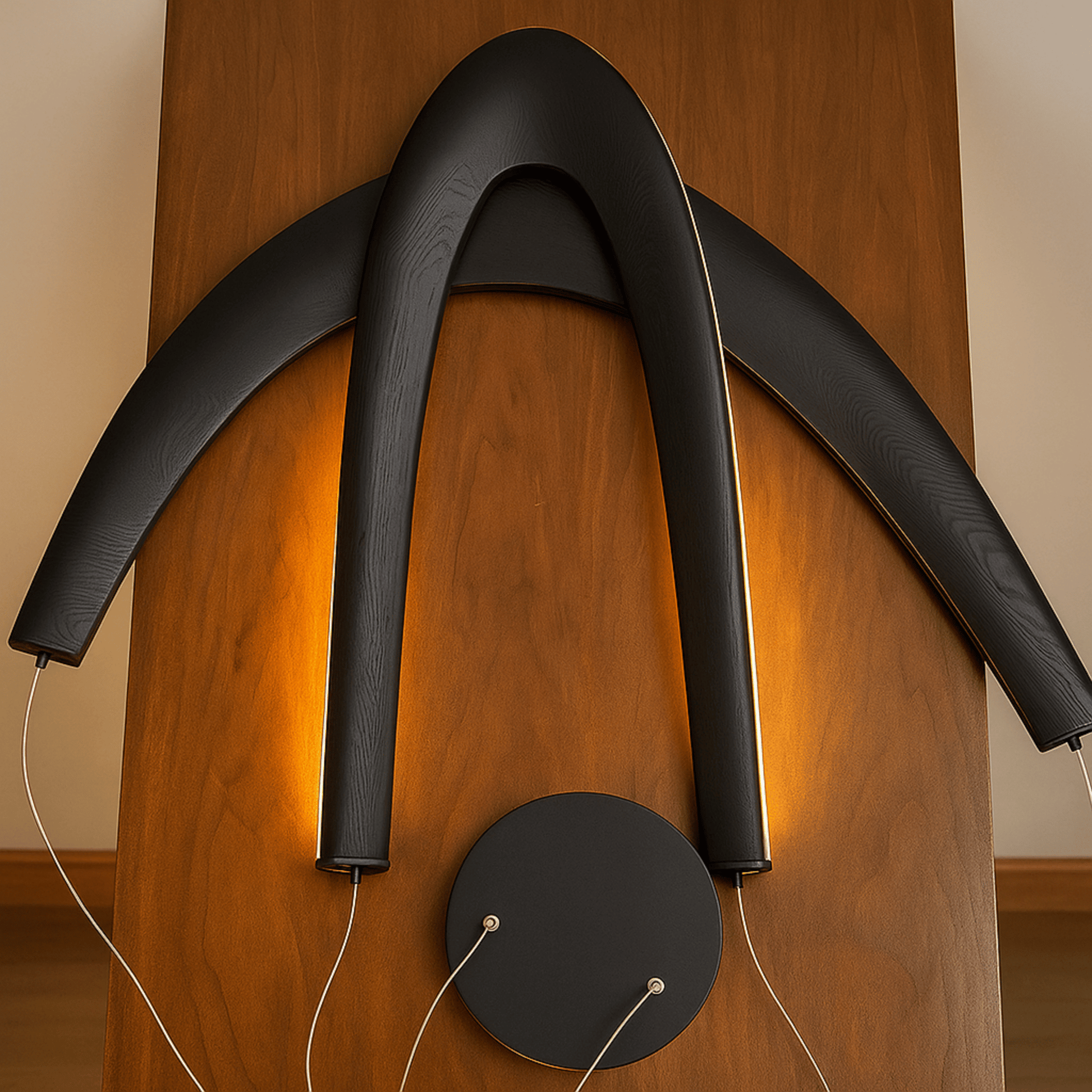 Modern wall-mounted light fixture with black curved design on a wooden panel.