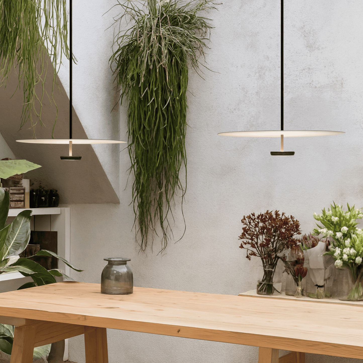 Modern interior with a wooden table, pendant lights, and decorative plants.