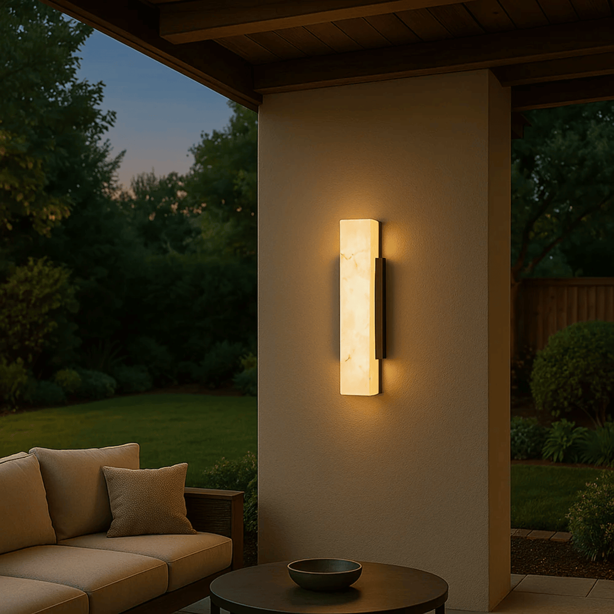 Outdoor wall light fixture on a house exterior with a garden view