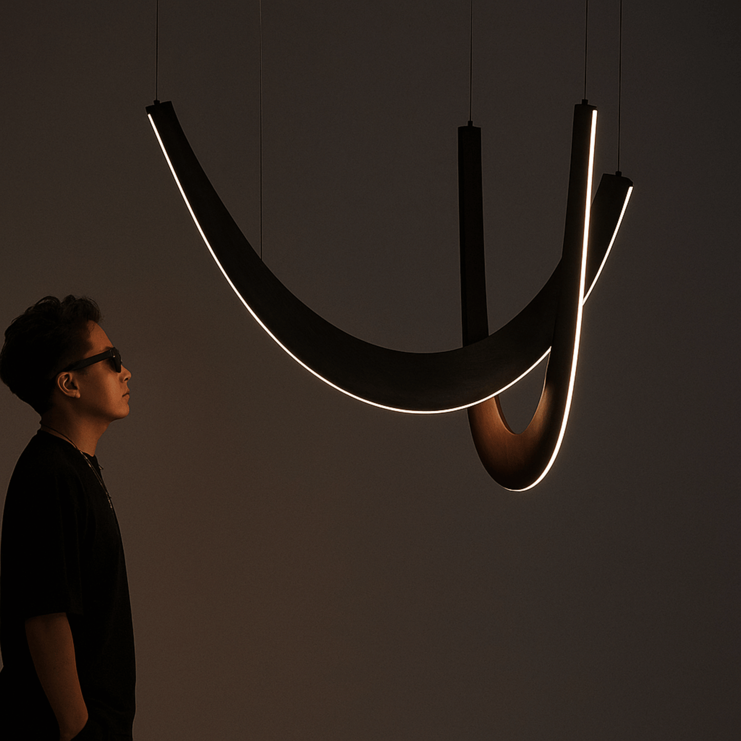 Modern chandelier with a person for scale on a dark background