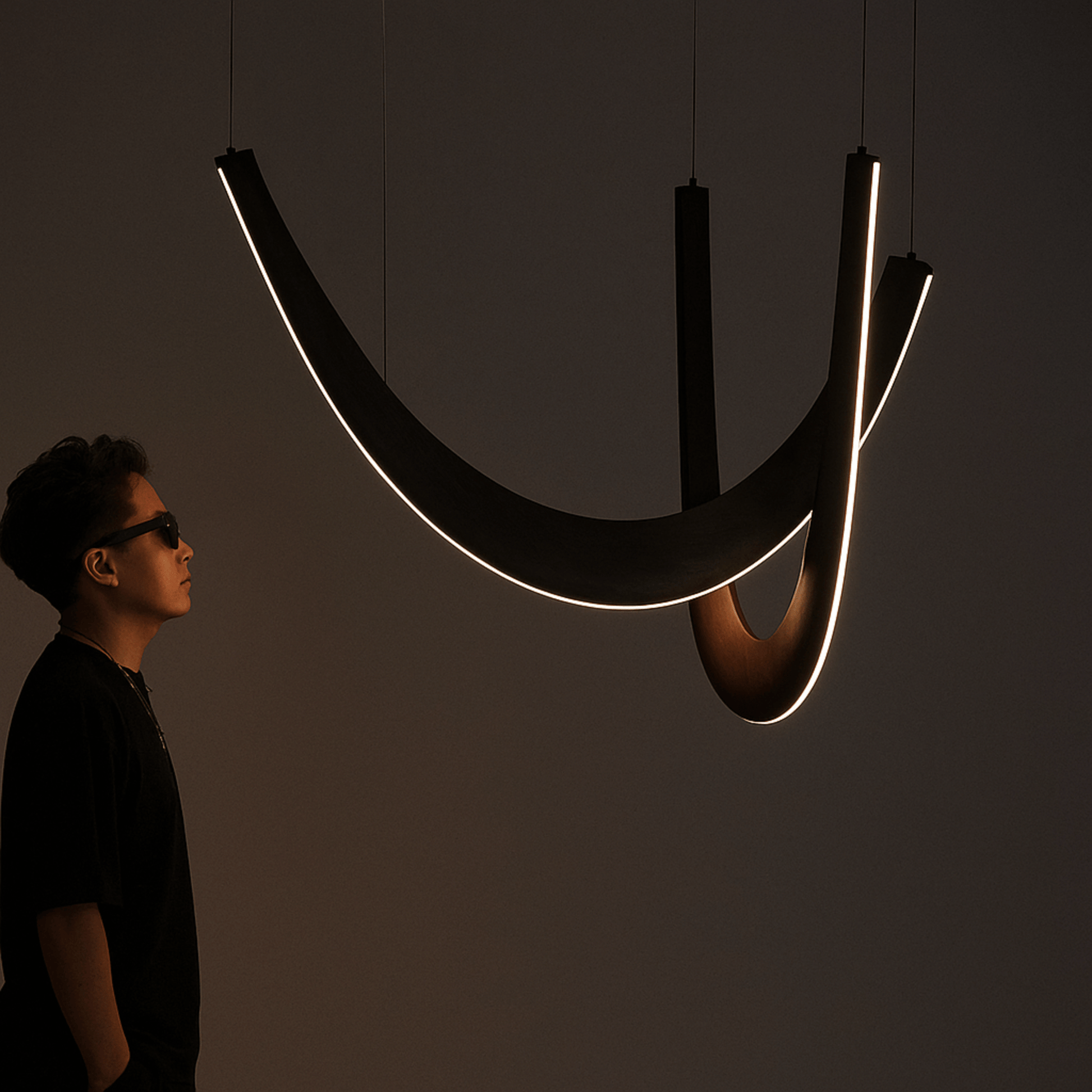 Modern chandelier with a person for scale on a dark background