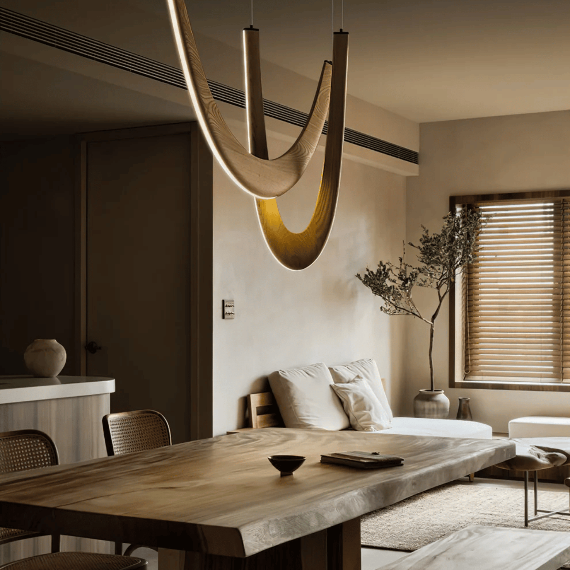 Modern living room with a wooden dining table and stylish pendant light.