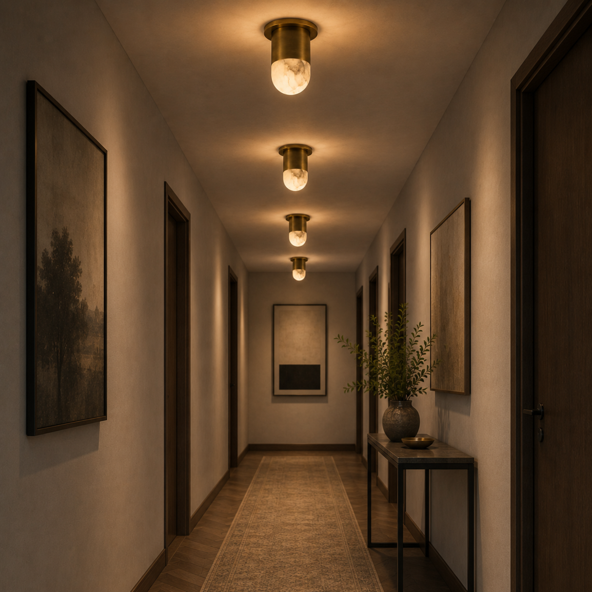 Long hallway with decorative lighting and framed artwork on the walls.