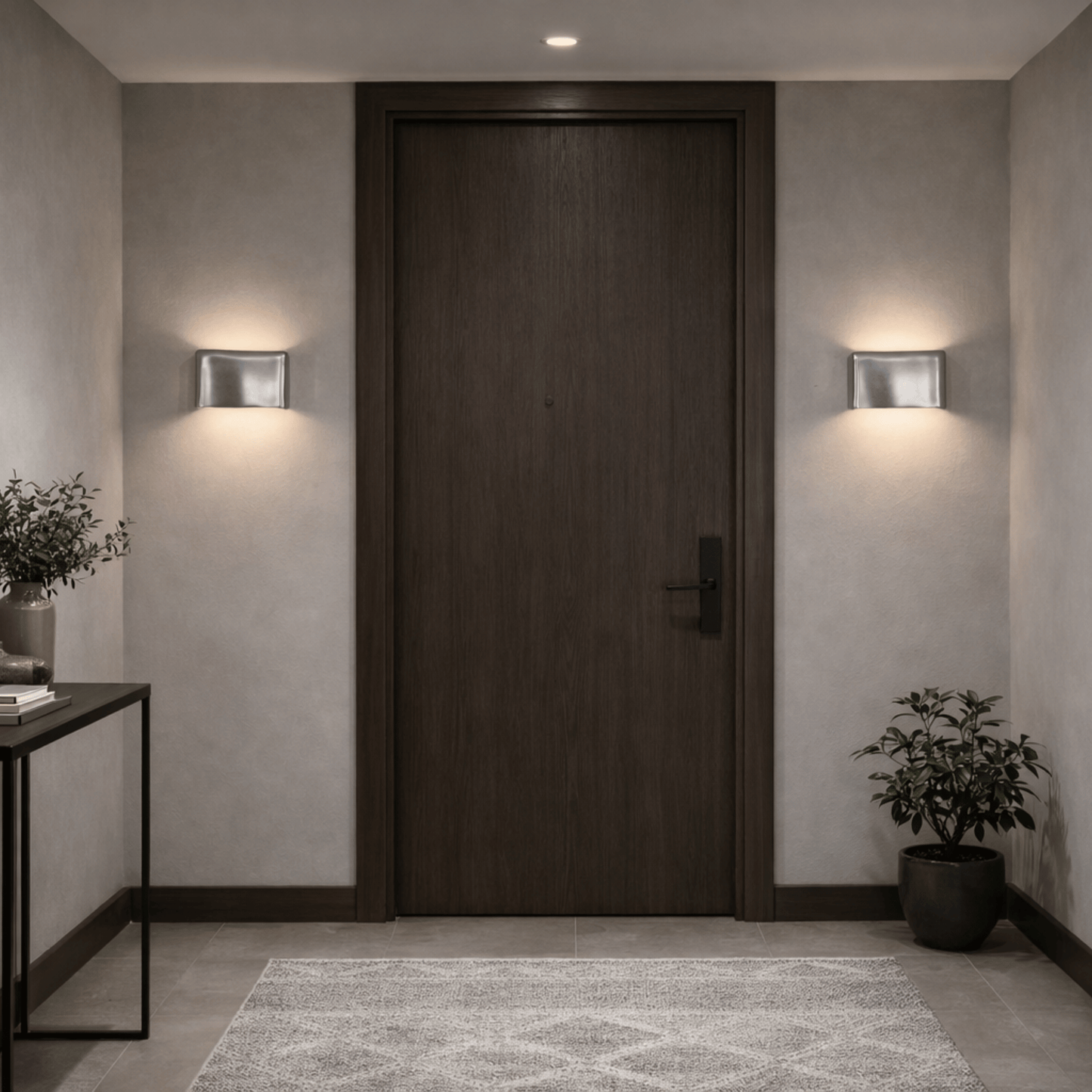 Modern interior hallway with a dark wooden door, wall lights, and plants.