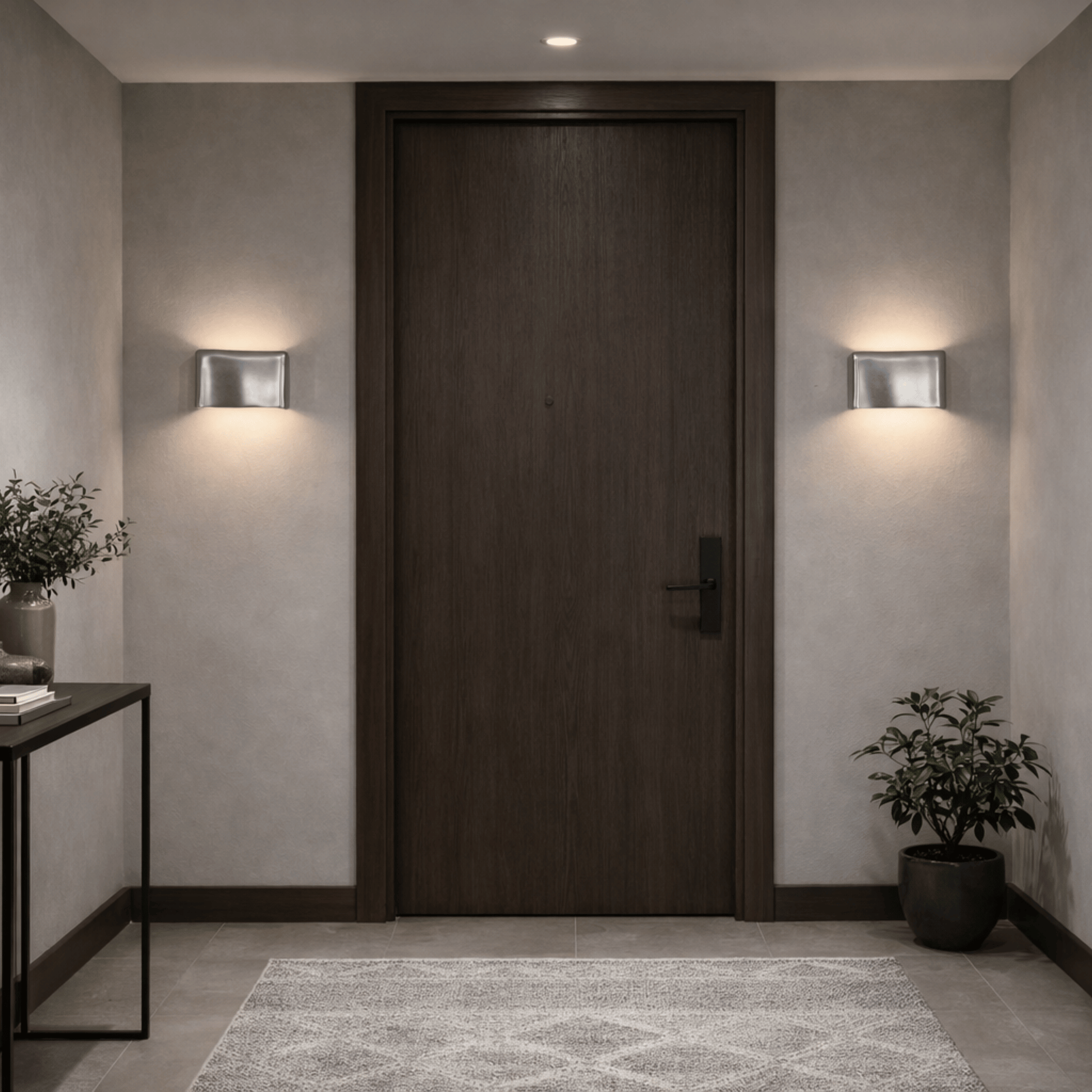 Modern interior hallway with a dark wooden door, wall lights, and plants.