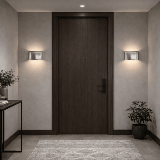 Modern interior hallway with a dark wooden door, wall lights, and plants.